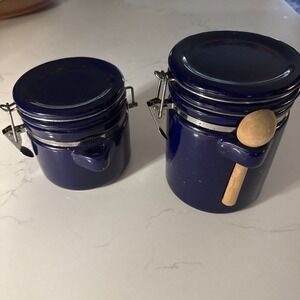 Vintage Blue Ceramic Clamp Top Canisters Set Farmhouse Kitchen Cottage
